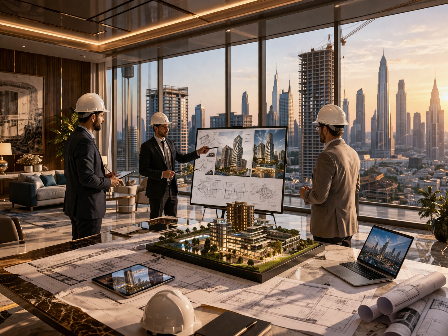 Developer team reviewing project financing plans